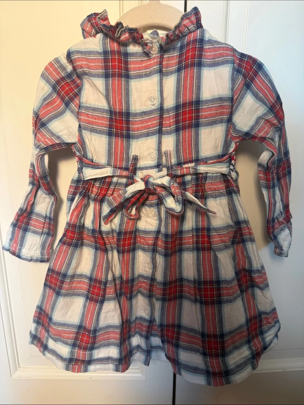 Mini Boden Red & Navy Plaid Smocked Long-Sleeve Lined Dress w/ Stitched Bird